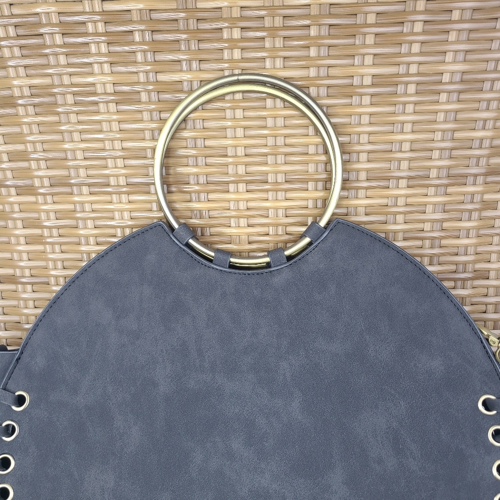 Anthropologie Bag Marla Circle Whipstitched Gray Body Brass Hardware Boho Large - Picture 3 of 14